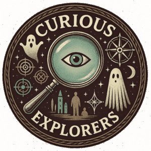 Curious Explorers podcast logo featuring a magnifying glass, an eye, ghost figures, and symbols of exploration, reflecting the paranormal theme of Paranormal Books & Curiosities.