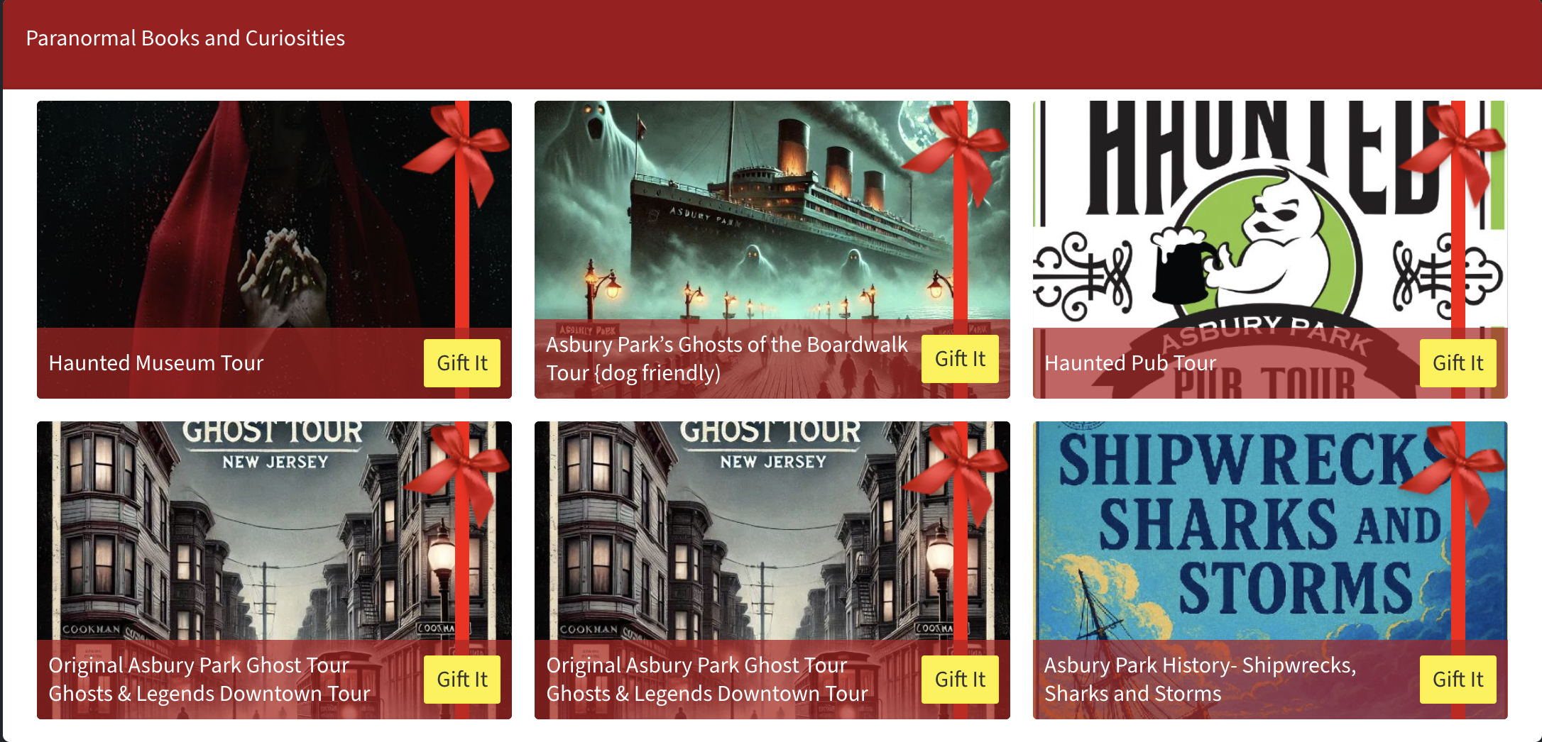 Collage of paranormal-themed experiences from Paranormal Books & Curiosities, featuring tours like Haunted Museum Tour, Asbury Park Ghost Tours, and Haunted Pub Tour, each with gift options highlighted.
