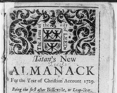 Vintage illustration of the Leeds family coat of arms and Titan's New Almanack.