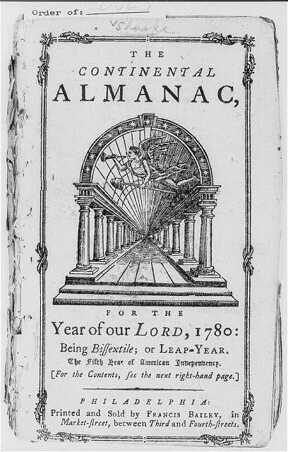 Antique Continental Almanac cover featuring astrological imagery and Daniel Leeds' publications.