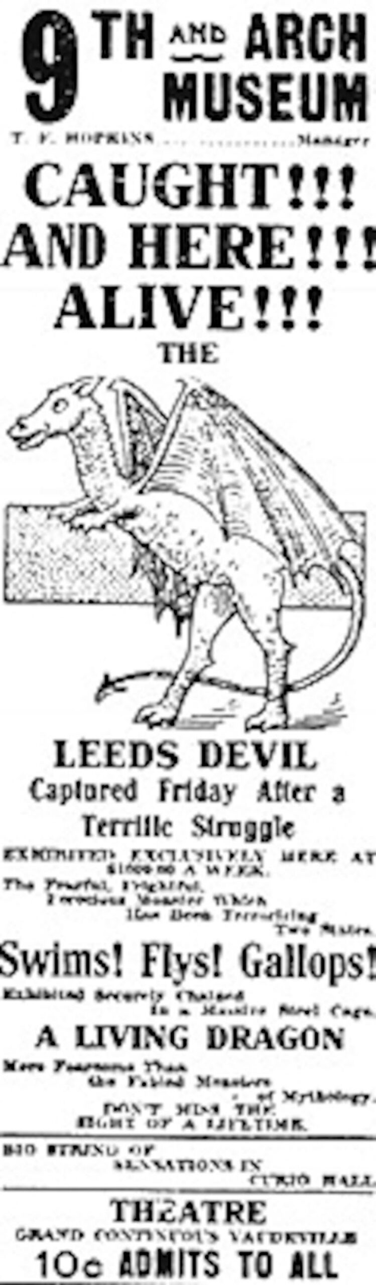 Vintage newspaper illustration of the Leeds Devil, capturing the legend and 1909 sightings.