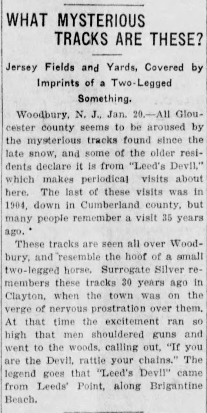Newspaper clipping about Jersey Devil tracks and Leeds' Point sightings, 1904.